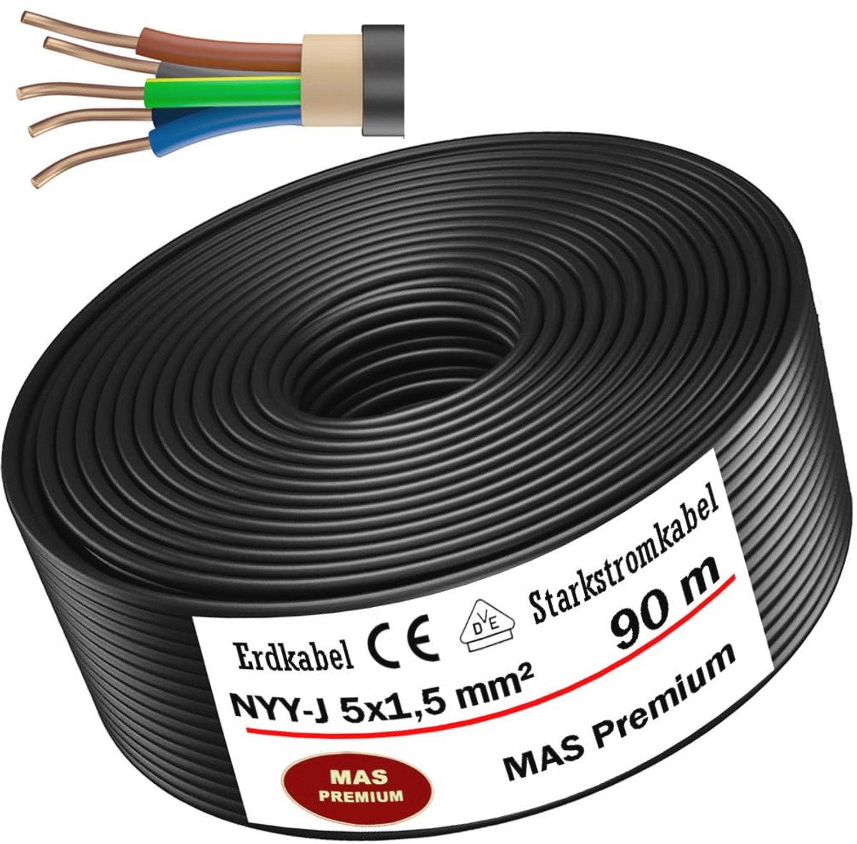 Aardingskabel voor Elektrische Installaties - NYY-J 5x1,5 mm², Diverse Lengtes van 5 tot 125 m, Ideaal voor Buiten en Binnengebruik