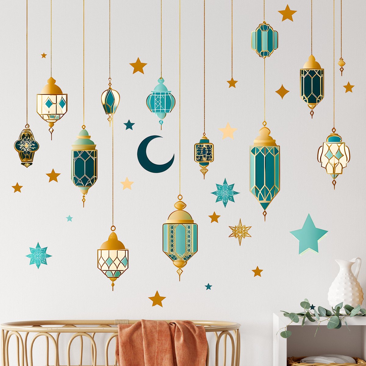 Retro blauwe kroonluchter muursticker, geschikt voor slaapkamer en studiekamer, decoratiev
