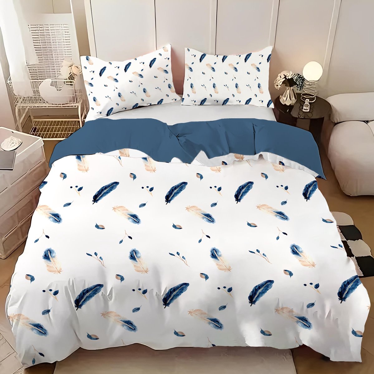 Unyqoos Stijlvolle beddengoedset met verenpatroon en zachte microvezel voor ultiem comfort wit blauw