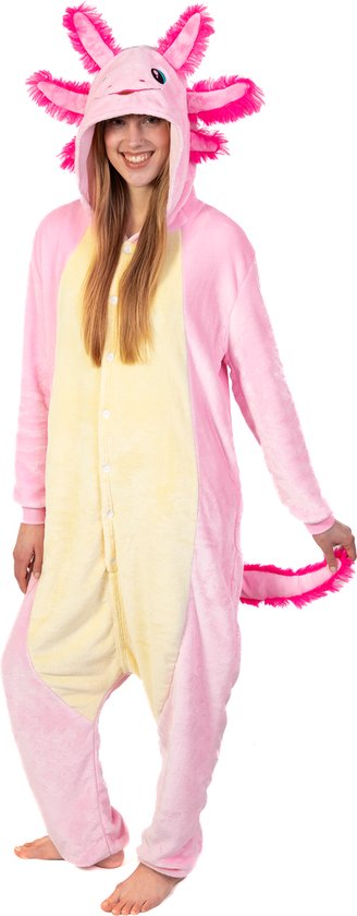 KIMU® Onesie Axolotl Pak - Maat M-L of 170-176 - Salamander Vis Kostuum Roze Pak - Water Monster Jumpsuit Pyjama Huispak Dames Heren Festival