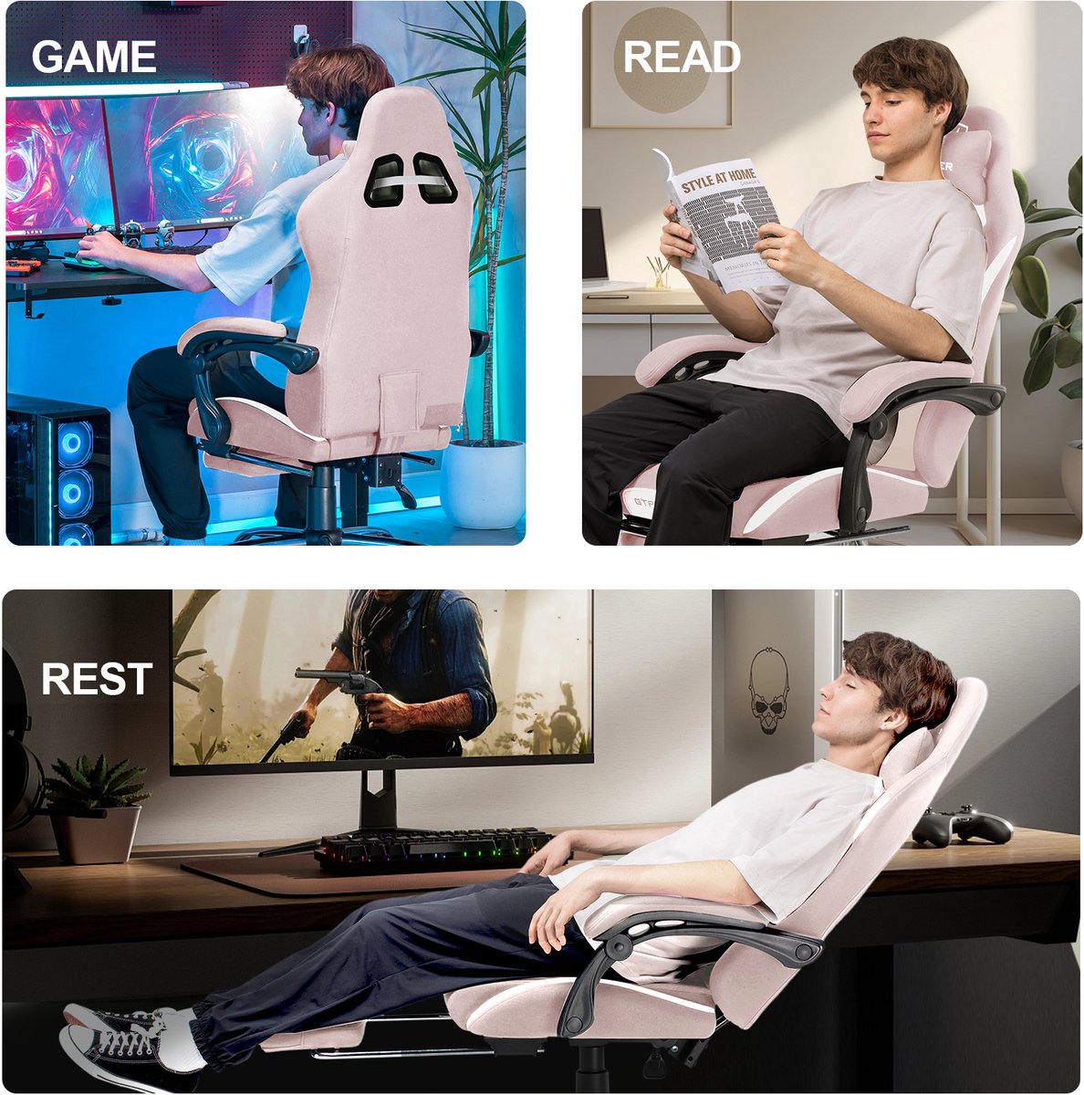 GTPLAYER Gaming Stoel Bureaustoel met Voetsteun - Roze - afbeelding 3