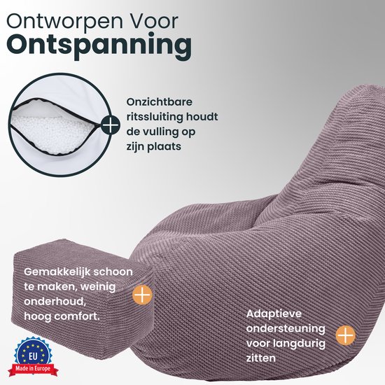 Mauve corduroy zitzak en voetenbankje, met details over de vulling en het onderhoud.