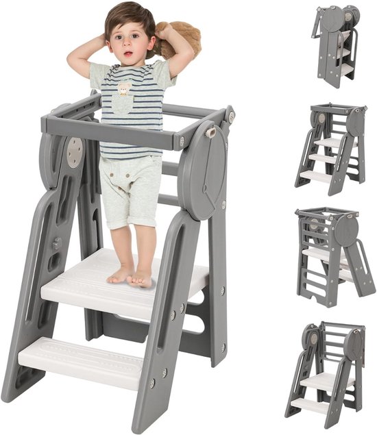 Leertoren Inklapbaar - Opstapje Met 2 Treden - In Hoogte Verstelbaar Opstapje Voor Keuken En Huishouden (Grijs/Wit) - Max. Draagvermogen 150 Kg - Antislip En Ruimtebesparend - Ideaal Voor Senioren En Kinderen