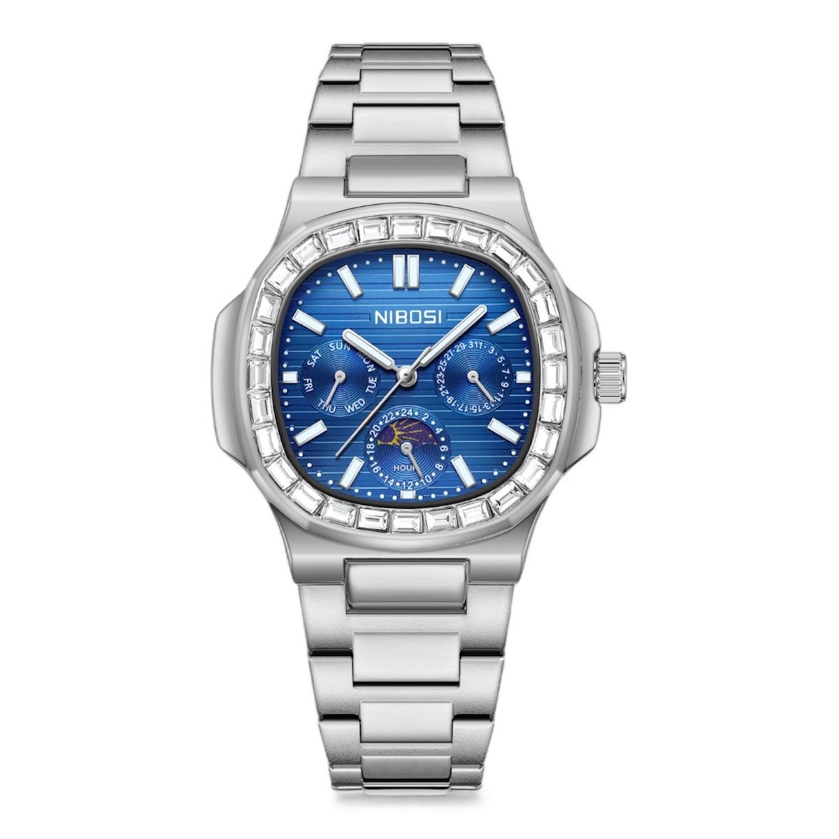 Nibosi - Herenhorloge - Polshorloge - Heren - Horloge - Horlogedoos - Mannen - Zilver Blauw - Diamond - Chronograaf