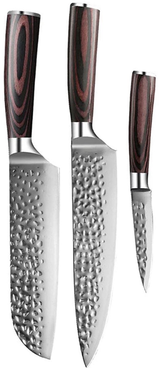 Shinrai Knives - Hammered RVS 3-delige Messenset - Koksmes + Santoku + Schilmes