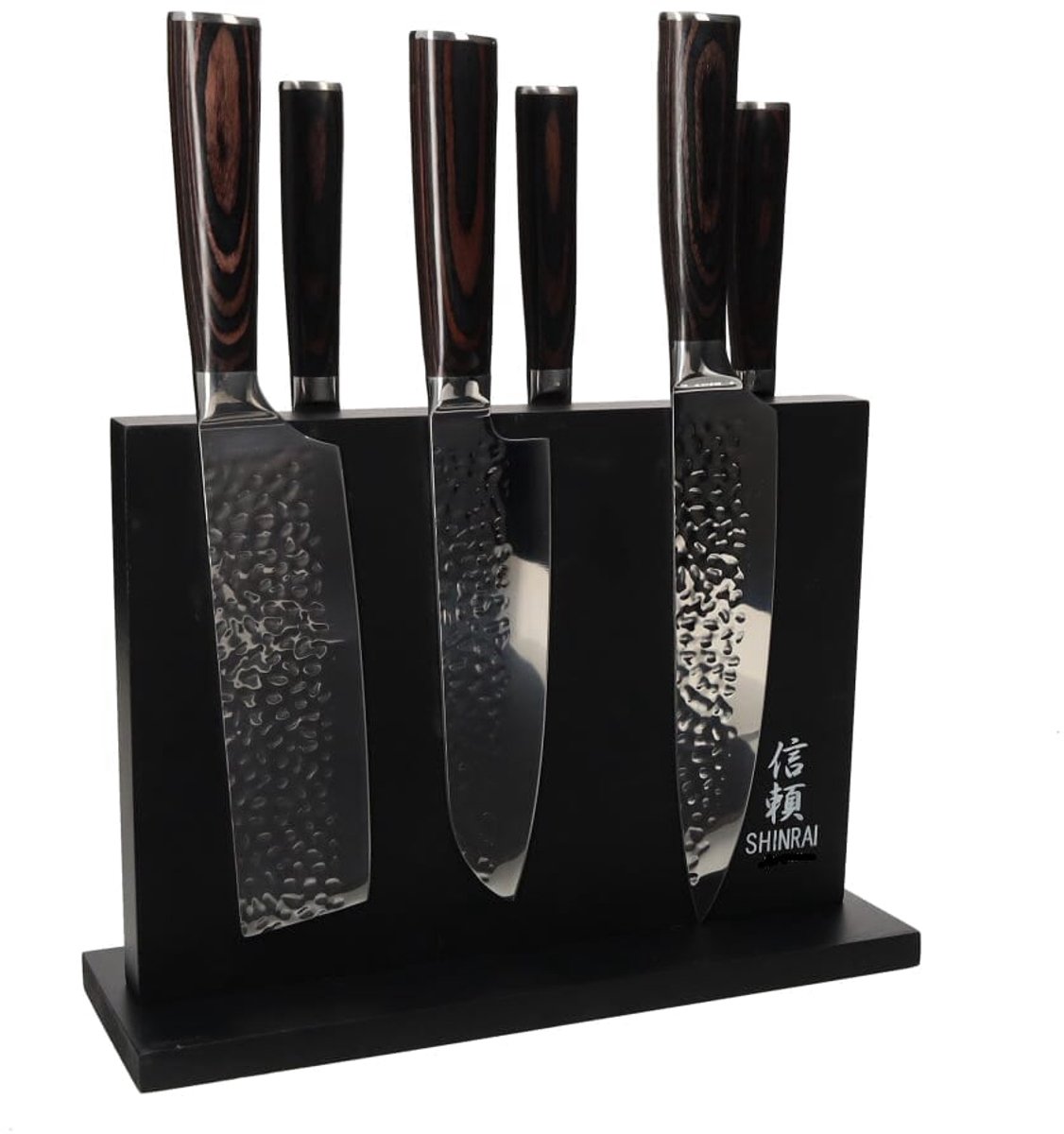Shinrai Knives - Hammered RVS 6-delige Messenset + Magnetisch Messenblok Dubbelzijdig - Zwart