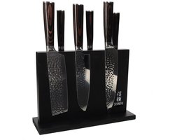 Shinrai Knives - Hammered RVS 6-delige Messenset + Magnetisch Messenblok Dubbelzijdig - Zwart