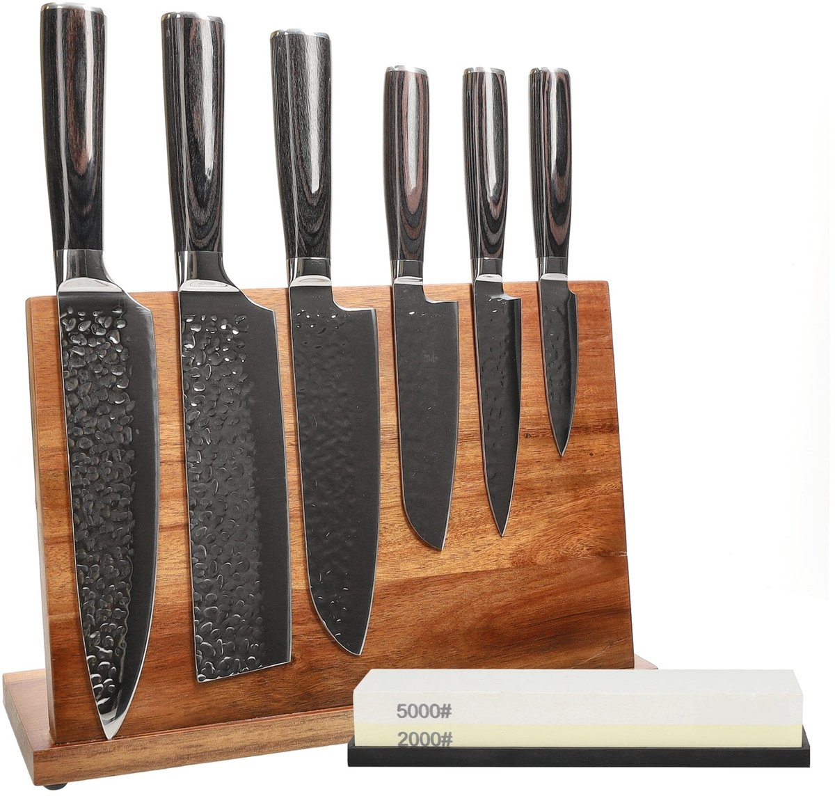 Shinrai Knives - Hammered RVS 6-delige Messenset + Messenblok + Slijpsteen