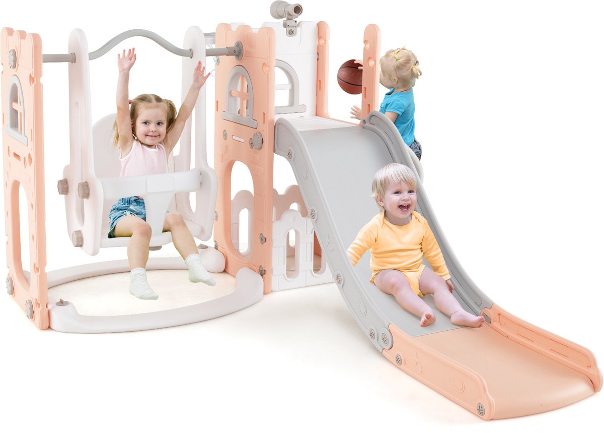 COSTWAY Montessori Kinderglijbaan met klimrek en schommel, 7-in-1 glijbaan met basketbalkorf en telescoop, voor binnen, voor kinderen vanaf 1 jaar (roze + wit)