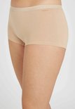 Zij-aanzicht van beige dames shorts met een lichtbruine elastische band.