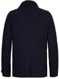 Achterkant van een donkerblauwe peacoat, met een staande kraag en lange mouwen.