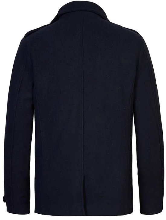 Achterkant van een donkerblauwe peacoat, met een staande kraag en lange mouwen.