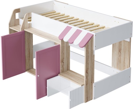 Lit enfant lit maison 90x200, avec espace de rangement ouvert, avec échelle d'escalade, lit mezzanine enfant mi-hauteur, lit superposé enfant en bois massif sans matelas, couleur bois + rose
