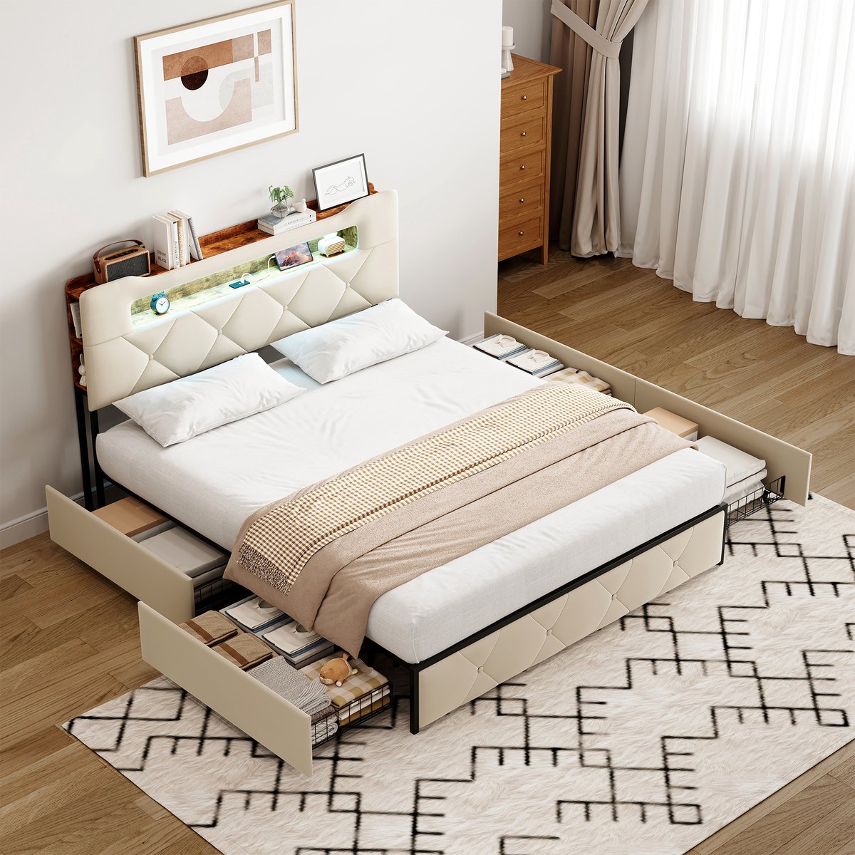SHOPENTRA Opbergbed 140x200 cm – Beige Velours Gestoffeerd Tweepersoonsbed met 4 Lades, Hoofdbord met Opbergruimte en USB