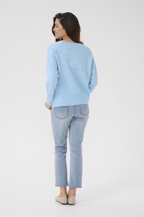 Model in een lichtblauwe melange trui met V-hals, gezien vanaf de achterkant.