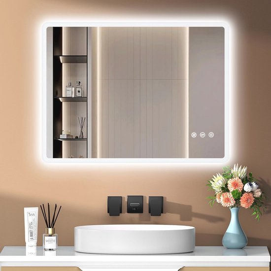 SONNI Badkamerspiegel met verlichting, 80 x 60 cm, wandspiegel met verlichting, koudwit, IP44, badkamerspiegel [Energieklasse E