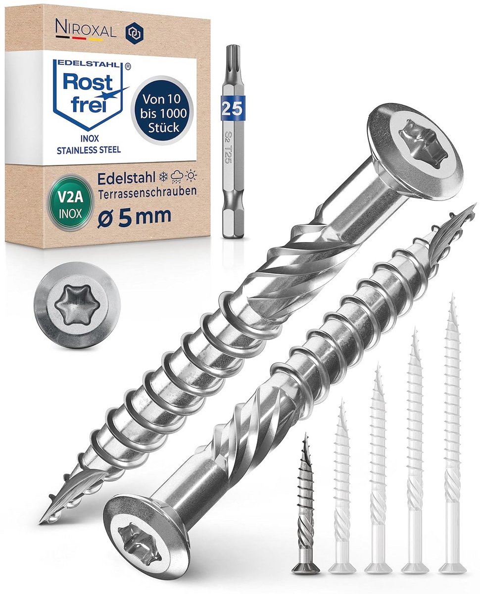 Terrasschroeven 5 x 40 mm A2 Roestvrij Staal - Lenskop en Torx voor Houtbewerking - 250 Stuks