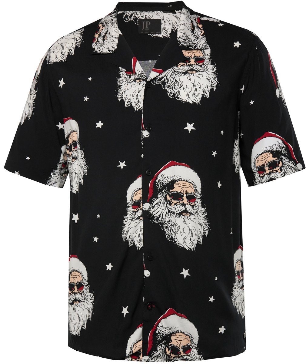 JP 1880 - Heren - Overhemd korte mouwen kerstmis Cubaanse kraag Cubaanse fit - Zwart - Maat XXL