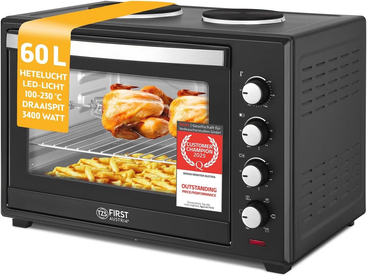 Mini Oven met Kookplaten 60L 6 Verwarmingsmodi tot 230°C Combi apparaat met 4 Inschuifhoogtes