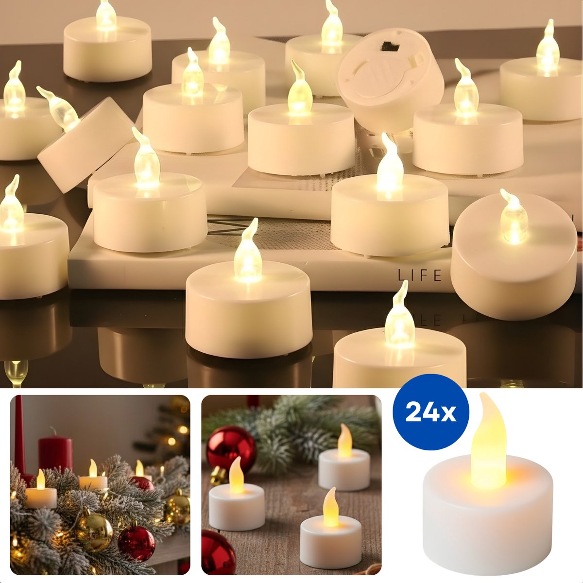 Cheqo LED Theelichten Elektrisch - Flikkerend Warmwit Licht - Witte LED Kaarsen - Theelicht Set - Elektrische Waxinelichtjes - Decoratief Licht - Vervangbare Batterijen - Set Van 24 Waxine Lichtjes - Kaarsjes Elektrisch Overig