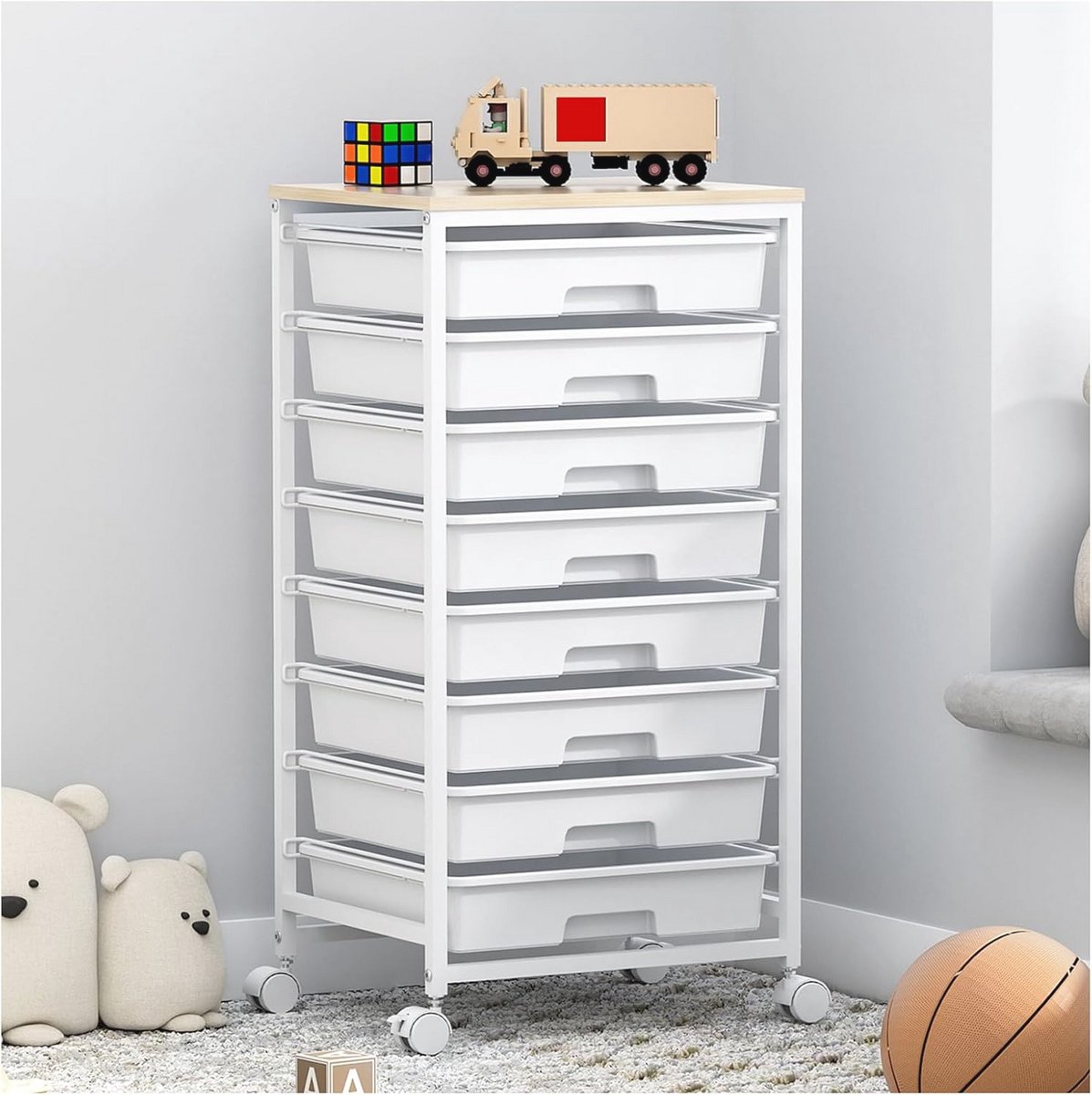 Opbergwagen met 8 Laden - Multifunctionele Organizer op Vergrendelbare Wielen voor Woonkamer, Slaapkamer en School