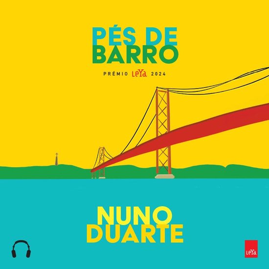 Couverture du livre 'Pés de Barro' avec un fond jaune, un pont rouge et de l'eau bleue. 'Pés de Barro' et 'Nuno Duarte' en grandes lettres.