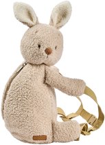 Beige konijnenknuffelrugzak met rits en schouderbanden.