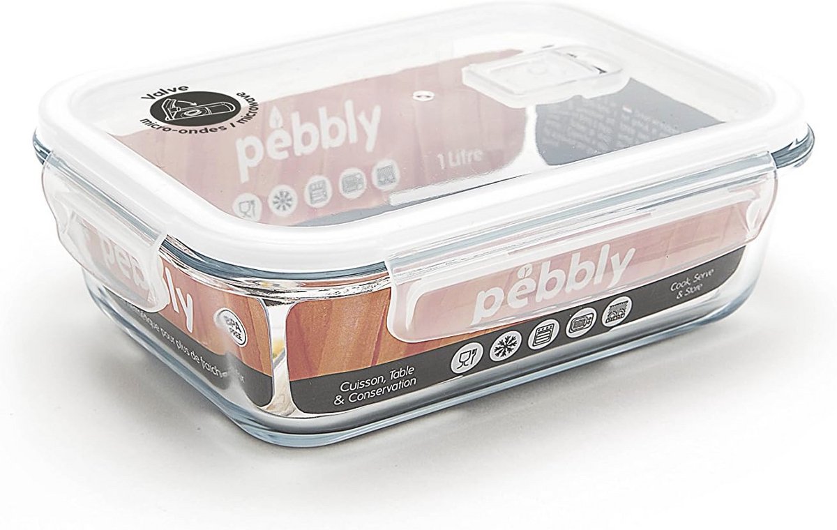 Pebbly pkv-1000rb plat/box rechthoekig glas 1000 ml transparant 20,4 x 15,4 x 7 cm