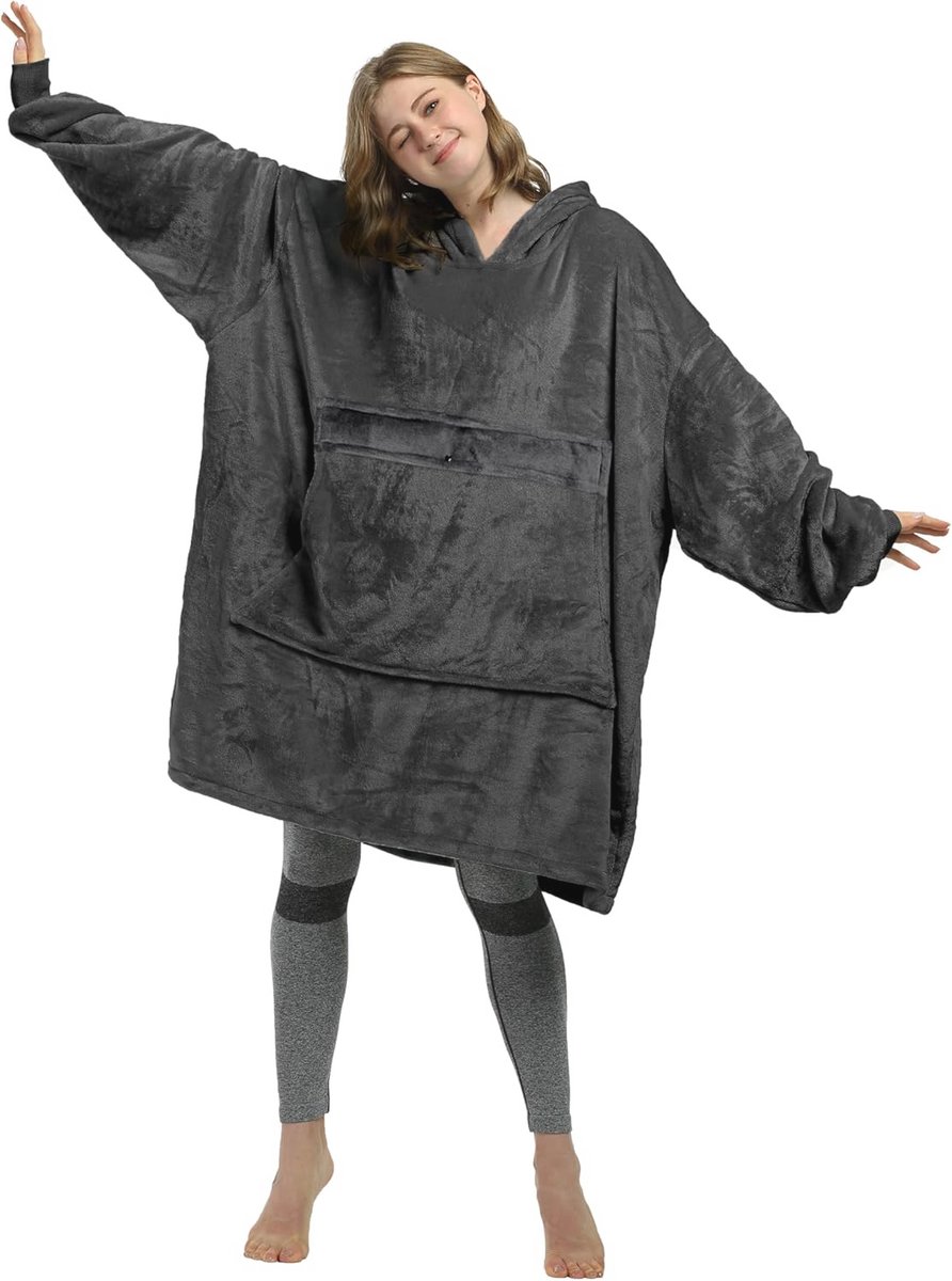 Catalonia Oversized deken hoodie sweatshirt fleece trui met groot voorvak voor volwassenen mannen vrouwen, zwart/fleece, Adult