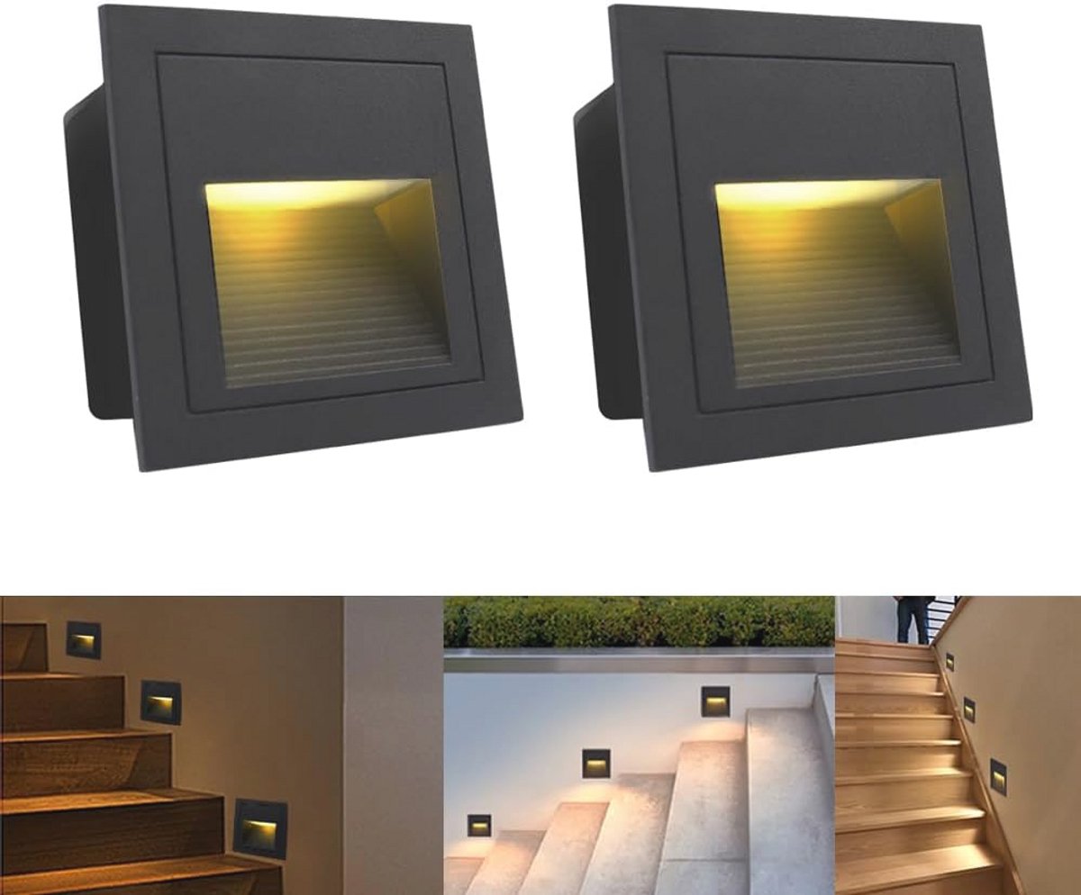 Warmwitte LED inbouwlamp set 2 stuks - 3W, vierkant, waterdicht, IP65 voor trapverlichting en decoratie