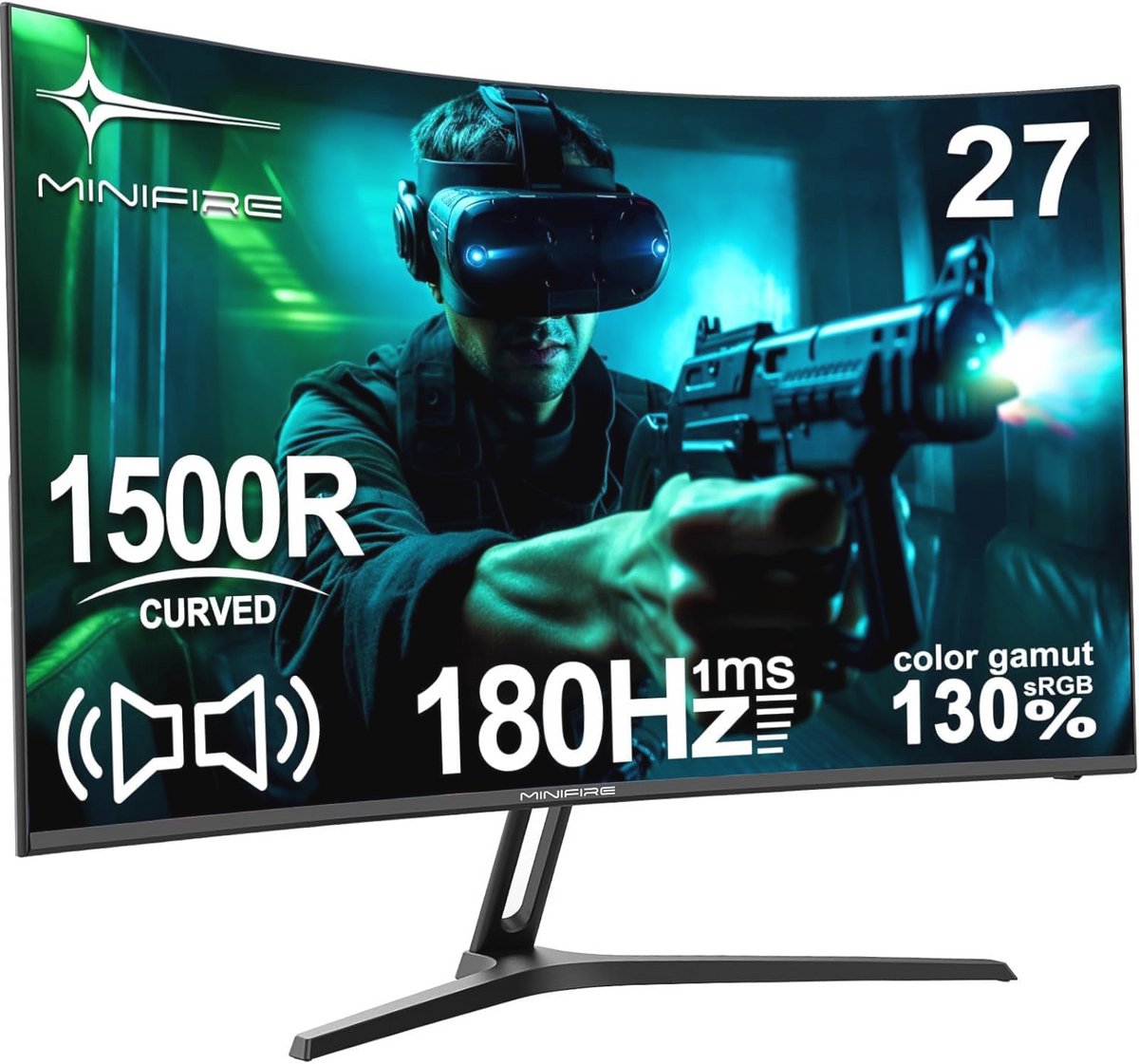 Minifire 27 Inch Gaming Monitor, 180Hz, Gebogen Gaming Monitor, Ingebouwde Luidspreker, Crosshair, 1Ms, sRGB130%, FHD 1080P computerscherm, VESA-compatibel, Eye Care Adaptive Sync HDMI&DP Prots