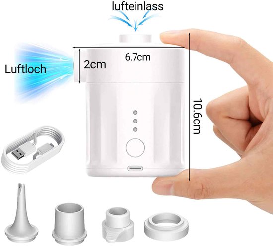 Ynkkvre - Luchtpomp-Luchtcompressor - Elektrische luchtpomp - Zwembadpomp-Draagbaar- 2-in-1-5200 mAh - 450 l/min-Oplaadbare accu - Met 4 spuitmonden en opbergtas - Snelpomp voor boot/luchtbed - Wit van Ynkkvre — afbeelding 2