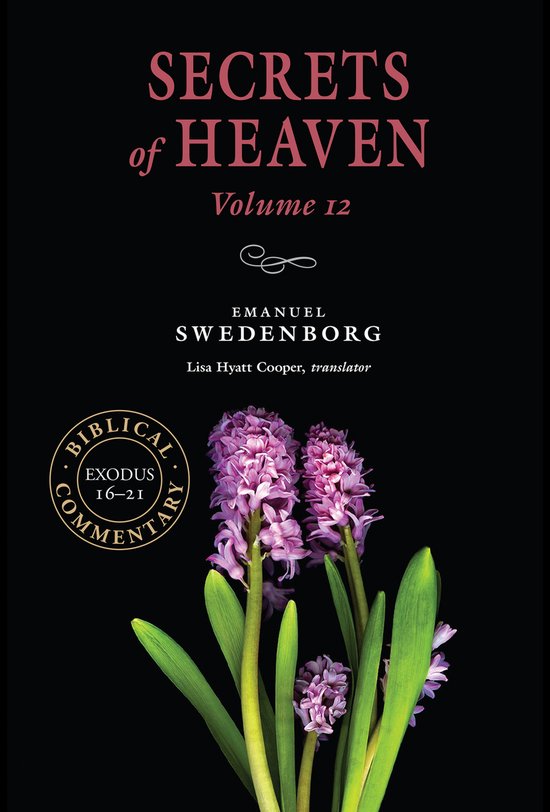 Boek 'Secrets of Heaven Volume 12' met roze tekst en een afbeelding van paarse hyacinten.