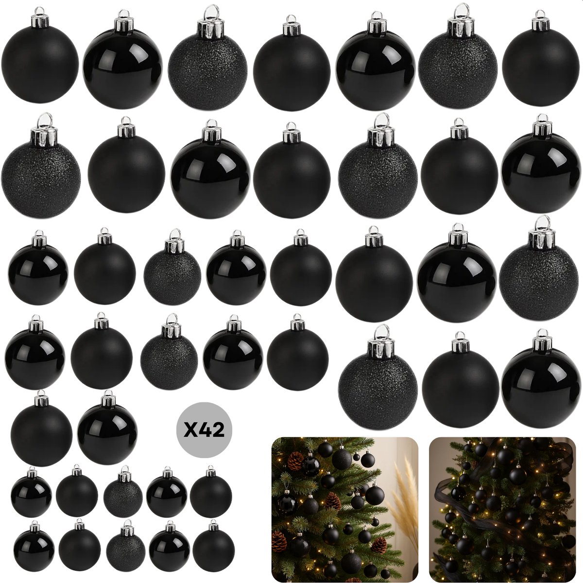 Cheqo® Kerstballen Set - 42 Stuks - Zwarte Kerstballen - Glazen Kerstballen - Moderne Kerstdecoratie - Matte Kerstballen - Glimmende Kerstballen - Glitter Kerstballen - Kerstboom Decoratie - Kerstballen Zwart