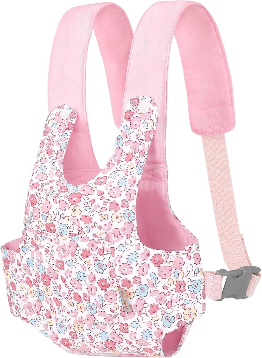 Poppendrager voor kinderen - 100% katoen - roze met bloemen - Accessoires voor poppen
