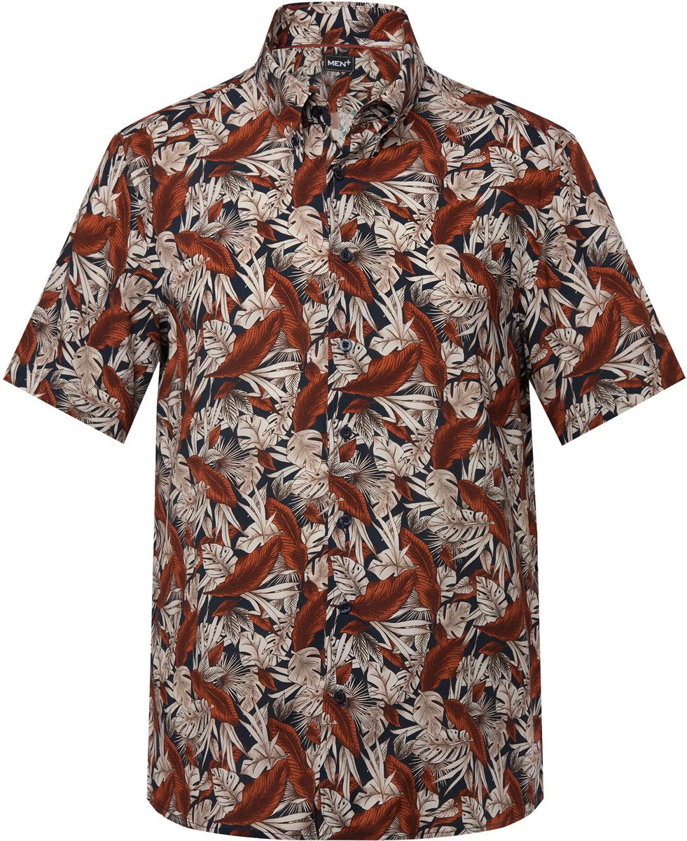 Men Plus - Heren - Overhemd buik-fit korte mouwen button-down kraag - Navy blauw - Maat L
