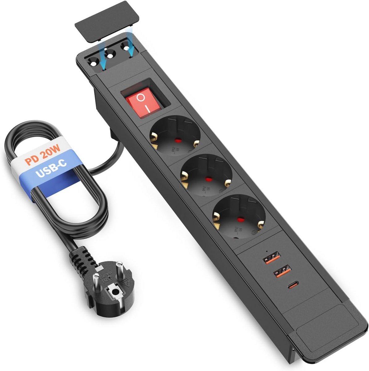 Inbouwstekkerdoos met USB C PD 20W en Schakelaar - 3-Voudig Tafelstopcontact met 2 Meter Kabel