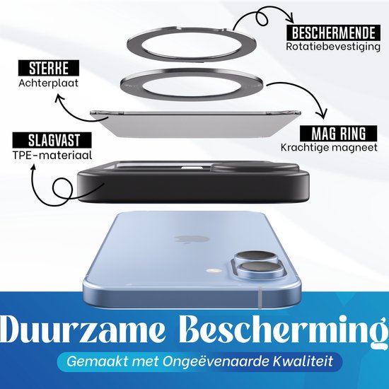 Étui Reovo compatible avec iPhone 17 MagSafe - Support à 360° - Protection contre les chutes jusqu'à 2 m - Zwart - Prise en main antidérapante - Protection de l'appareil photo
