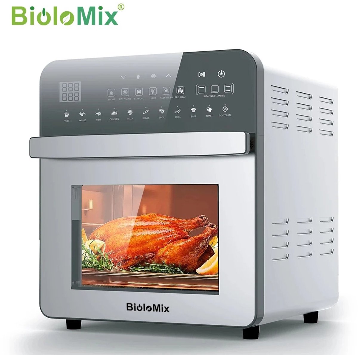 BioloMix Airfryer Oven 15L van RVS - Heteluchtfriteuse & Mini Oven met Dubbele Verwarming - Olievrij Frituren - Oven, Broodrooster, Draaispit & Dehydrator - Transparante Touchscreen Oven - 1700W - Groot Formaat voor Gezin