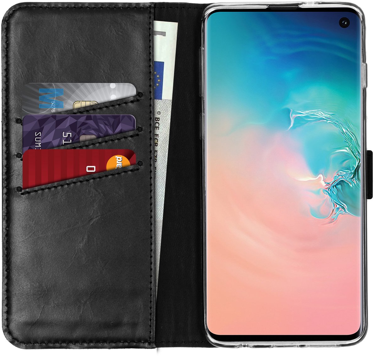 Selencia Hoesje - Geschikt voor Samsung Galaxy S10 - Echt Lederen Bookcase - Zwart