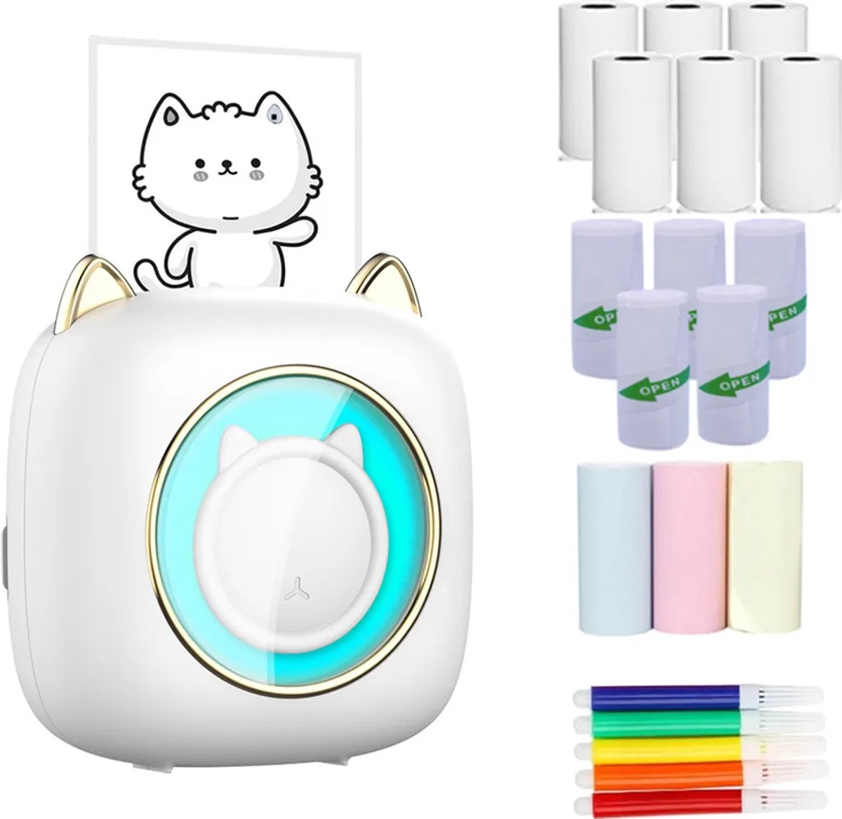 Een multifunctionele Bluetooth mini-thermische printer voor smartphones. Draadloos en direct thermisch printen; inclusief 6 rollen thermisch papier, 5 vellen zelfklevend thermisch papier, 3 vellen gekleurd thermisch papier en 5 gekleurde stiften.