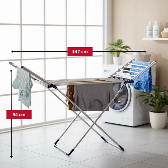 Dirt Devil Elektrisch Droogrek met Verwarming 230W - Staand Wasrek Inklapbaar met 12M Droogruimte - IPX1 Waterbestendig Wasdroogrek - 147 x 54 x 94 cm - Aluminium