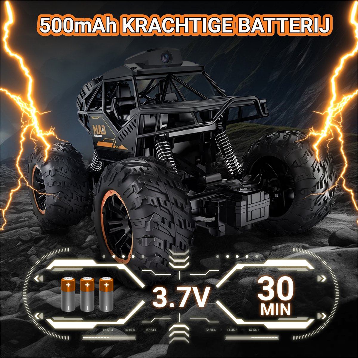 HAWX Bestuurbare Auto - 4K Camera - RC Auto - Race Auto - Monstertruck - Afstandsbestuurbare Auto - Volwassenen en Jongens - Voor Buiten - Incl. 3 Batterijen, 8 Verkeerskegels — afbeelding 3