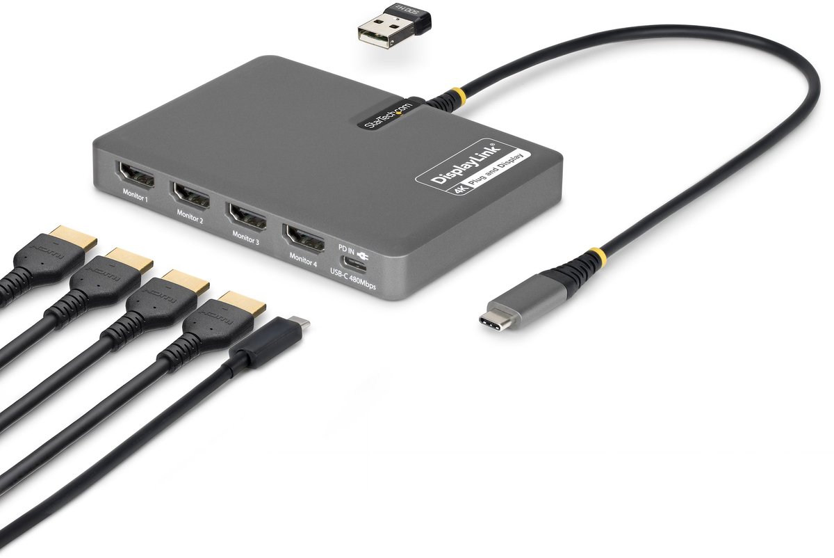Image of StarTech.com USB-C naar Quad-Monitor Adapter, 4K 60Hz HDMI, 140W PD Passthrough voor Laptop Opladen, USB Poort voor Wireless Toetsenbord / Muis, TAA