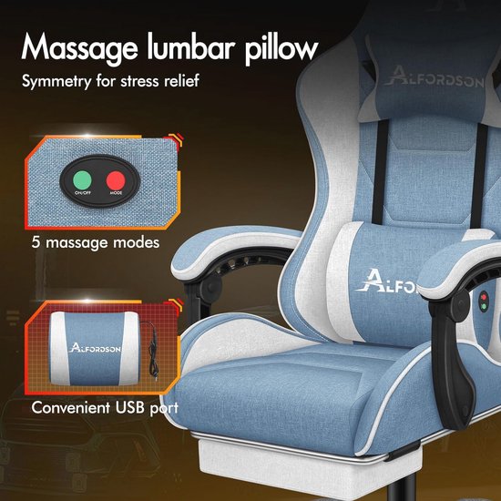 Gamingstoel Met Massage Functie en Ergonomisch Ontwerp, Verstelbare Draaistoel voor Gamers, Blauw — afbeelding 4