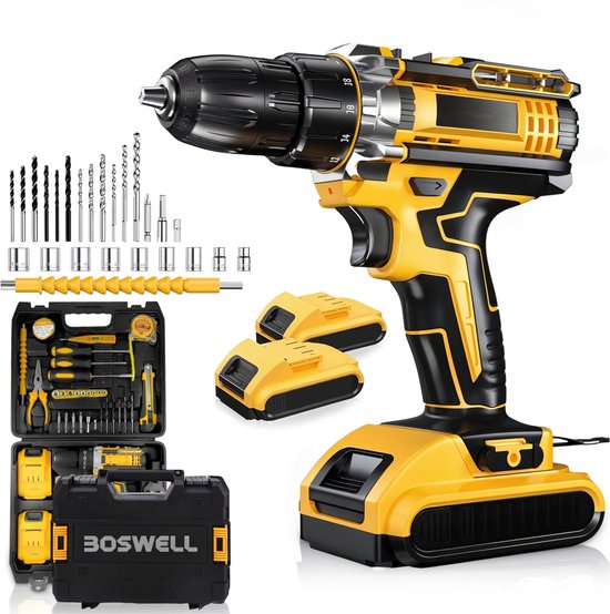 BOSWELL accuboormachine set inclusief opbergkoffer, 2 accu's, boren, bitjes en gereedschap.
