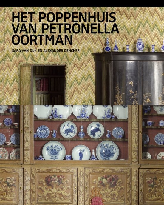 Boek "Het Poppenhuis van Petronella Oortman", met een poppenkast interieur en gedecoreerd servies.