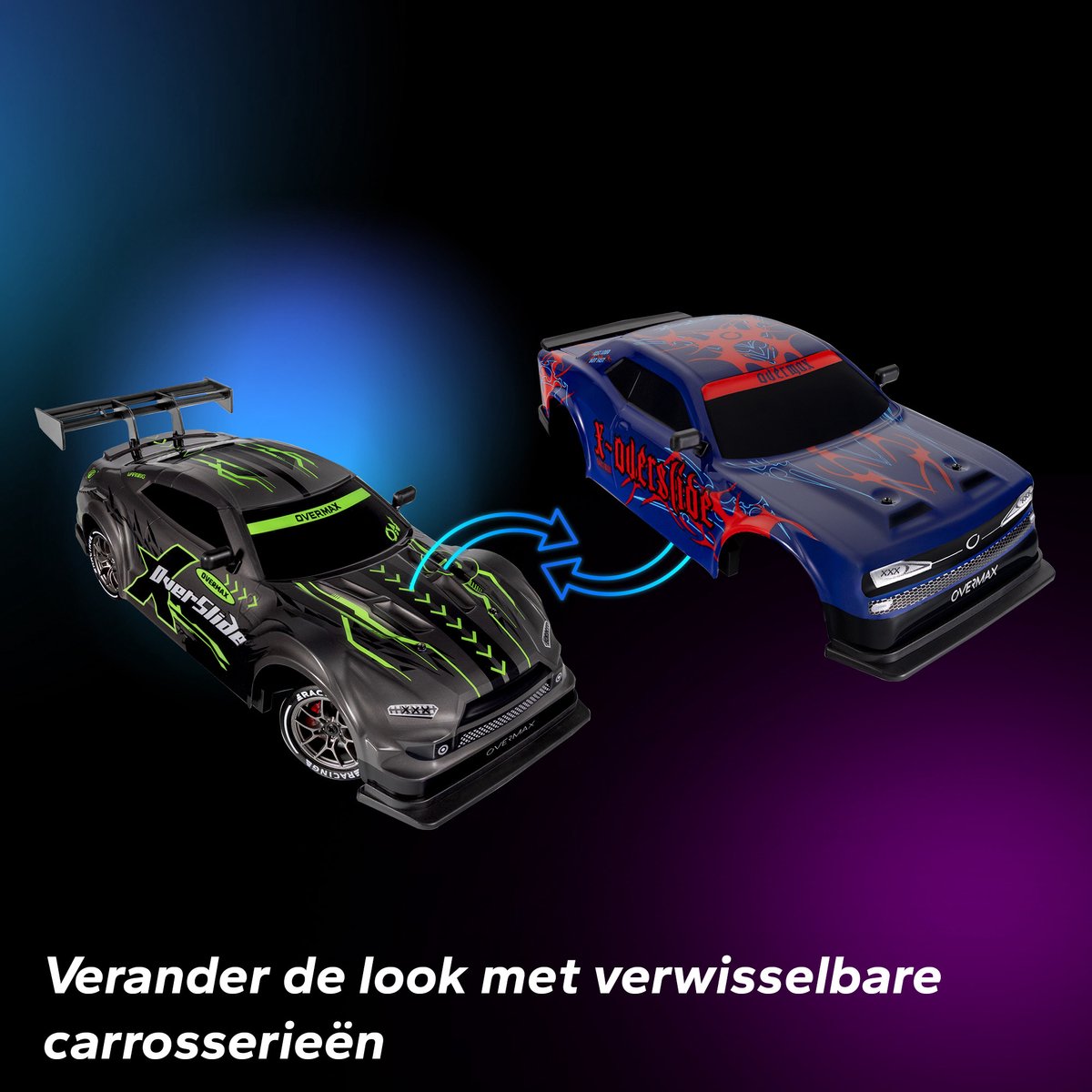 Overmax X-Overslide – Bestuurbare Auto 2in1: DRIFT & Race – 20 km/h – 2 Snelheidsstanden – 2 Batterijen – 40min Speeltijd – 2 Carrosserieën – 2 Wielensets – LED Onderverlichting – Obstakelset – Gecodeerde Besturing – RC Auto — afbeelding 5