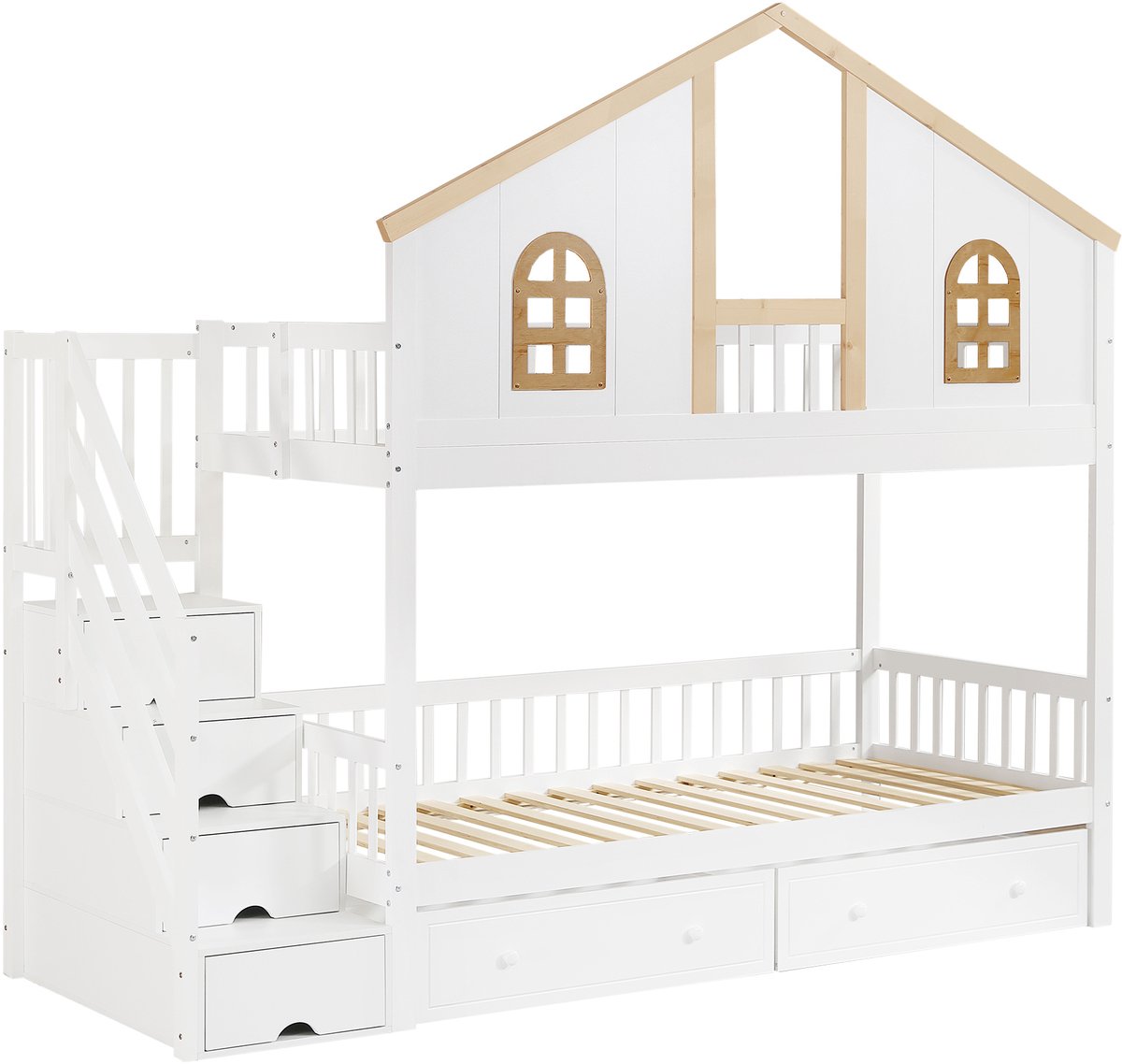 REDOM Stapelbed 90x200 cm – Wit/naturel – Met 4 opbergvakken, 2 lades & vierzijdige veiligheidshekken