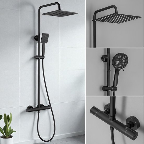 Système de douche Auralum Max - Comprend un robinet thermostatique - Pommeau de douche Ø 30 cm - Douchette à main 5 jets - Colonne de douche - Hauteur réglable 88-124 cm - Mitigeur - Ensemble de douche en acier inoxydable - Zwart